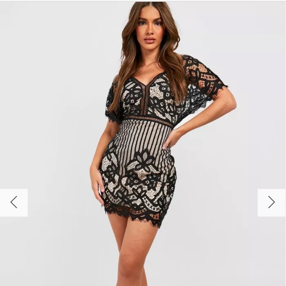 Boohoo black and nude lace dress